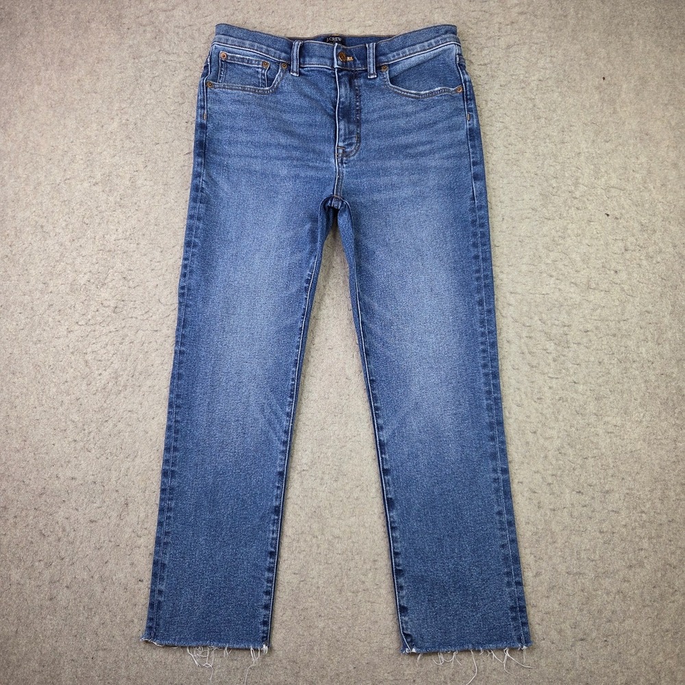 J Crew Essential Straight Womens Jeans Size 30x26 Stretch Raw Hem Medium Wash